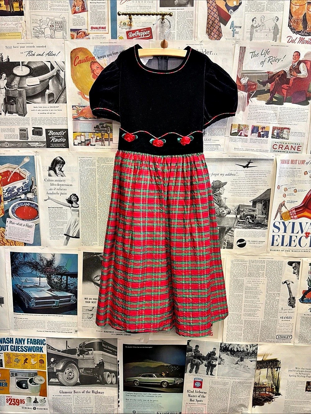 Bonnie Jean Girls Plaid Velvet Holiday Christmas Dress Size 10 Vintage